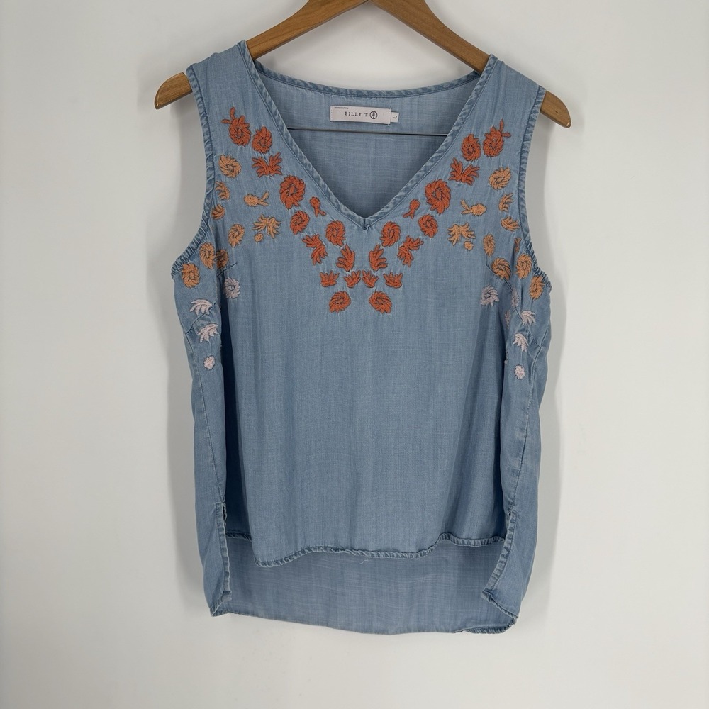 Billy T Womens Chambray Sleeveless Top Size L Floral Embroidered‎ Western Boho